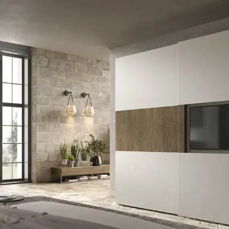 Armadio con ante scorrevoli Brunale TV S159 in laccato e impiallacciato rovere di Moretti Compact Giorno Notte