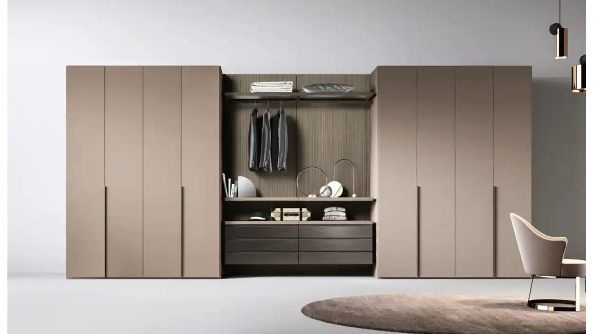 Cabina armadio Gemini G225 tra due armadi a muro di Moretti Compact Giorno Notte
