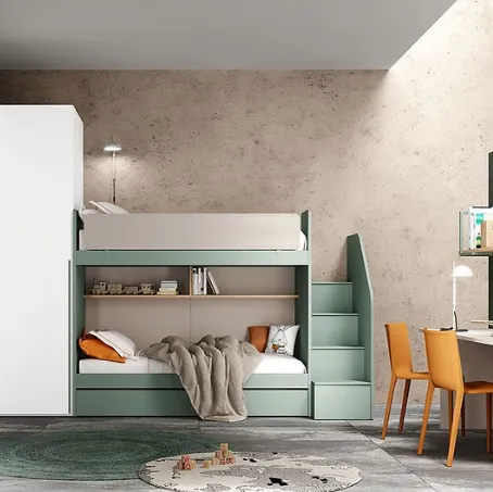 Cameretta in melaminico con letto a castello e terzo letto estraibile Kids 02 di Foresi Mobili