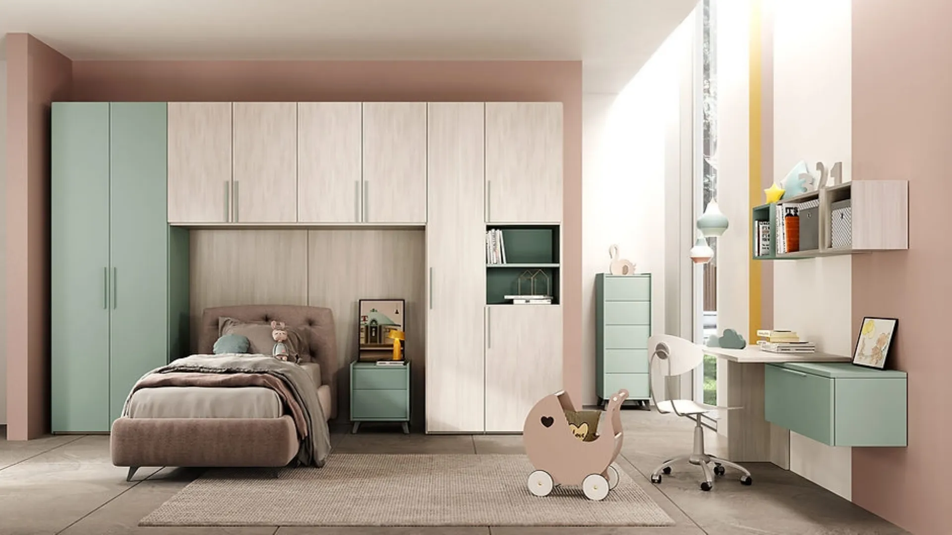 Cameretta a ponte Kids 05 in melaminico olmo sabbia e acqua di Foresi Mobili