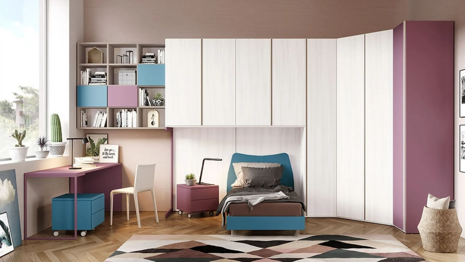 Cameretta a ponte Teens 02 con cabina angolare in finitura frassino bianco e libreria sospesa di Foresi Mobili