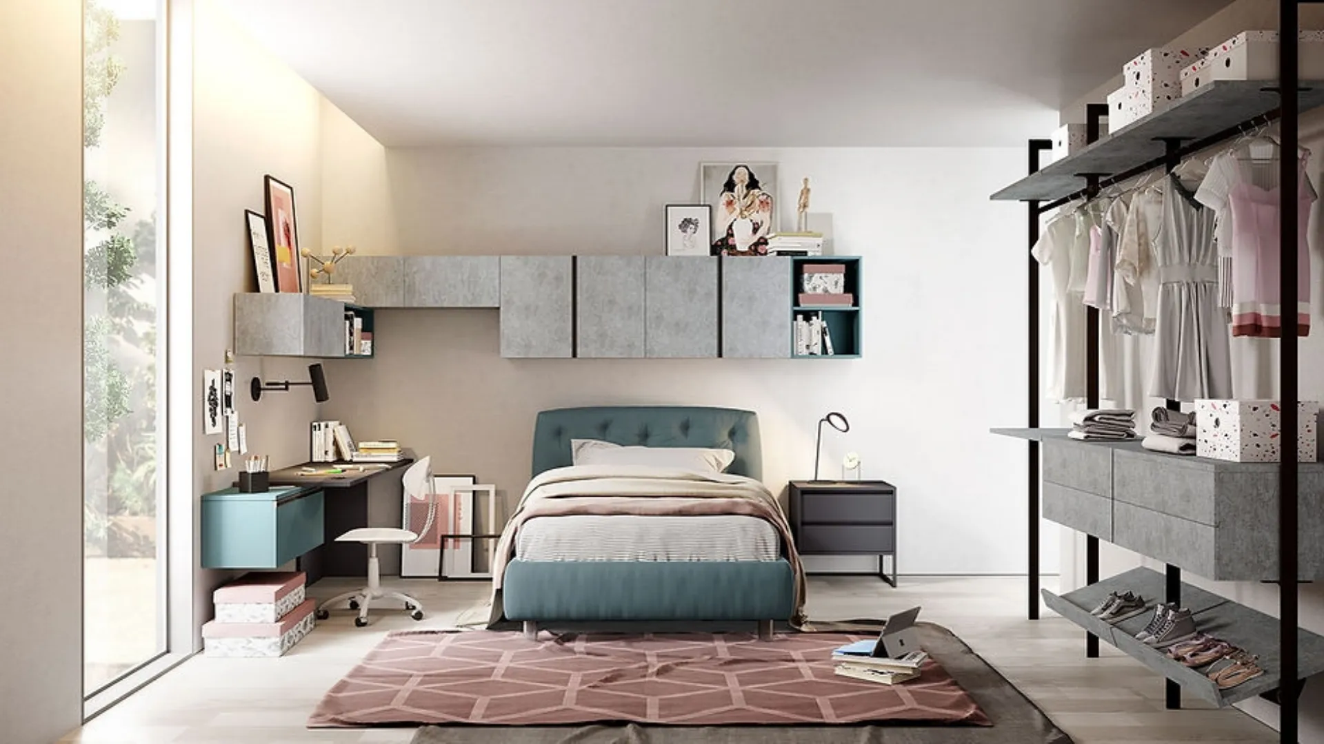 Cameretta componibile Teens 05 in melaminico effetto cemento con letto in velluto con testiera trapuntata di Foresi Mobili
