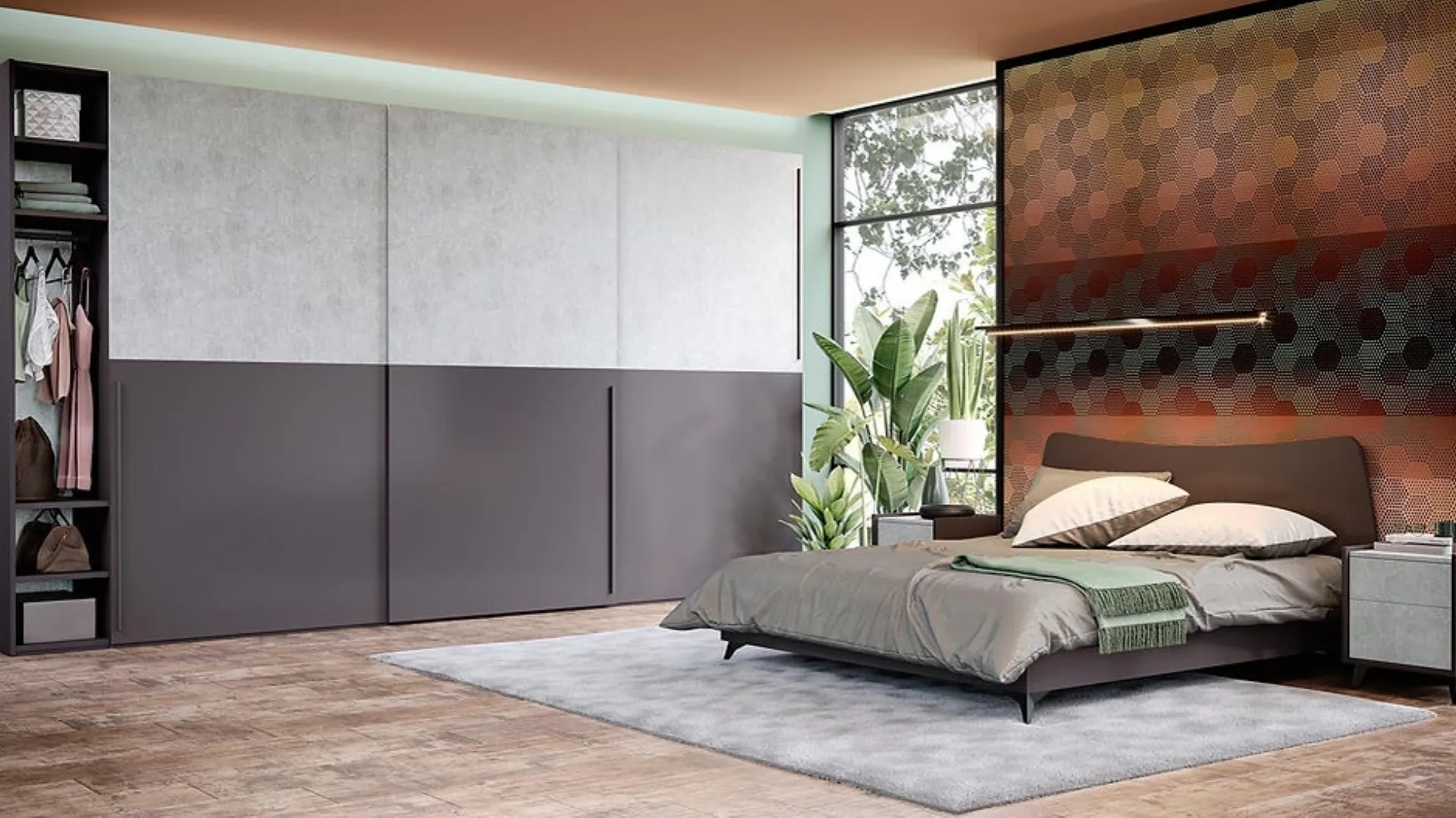 Letto Shape in melaminico grafite con testiera di Foresi Mobili